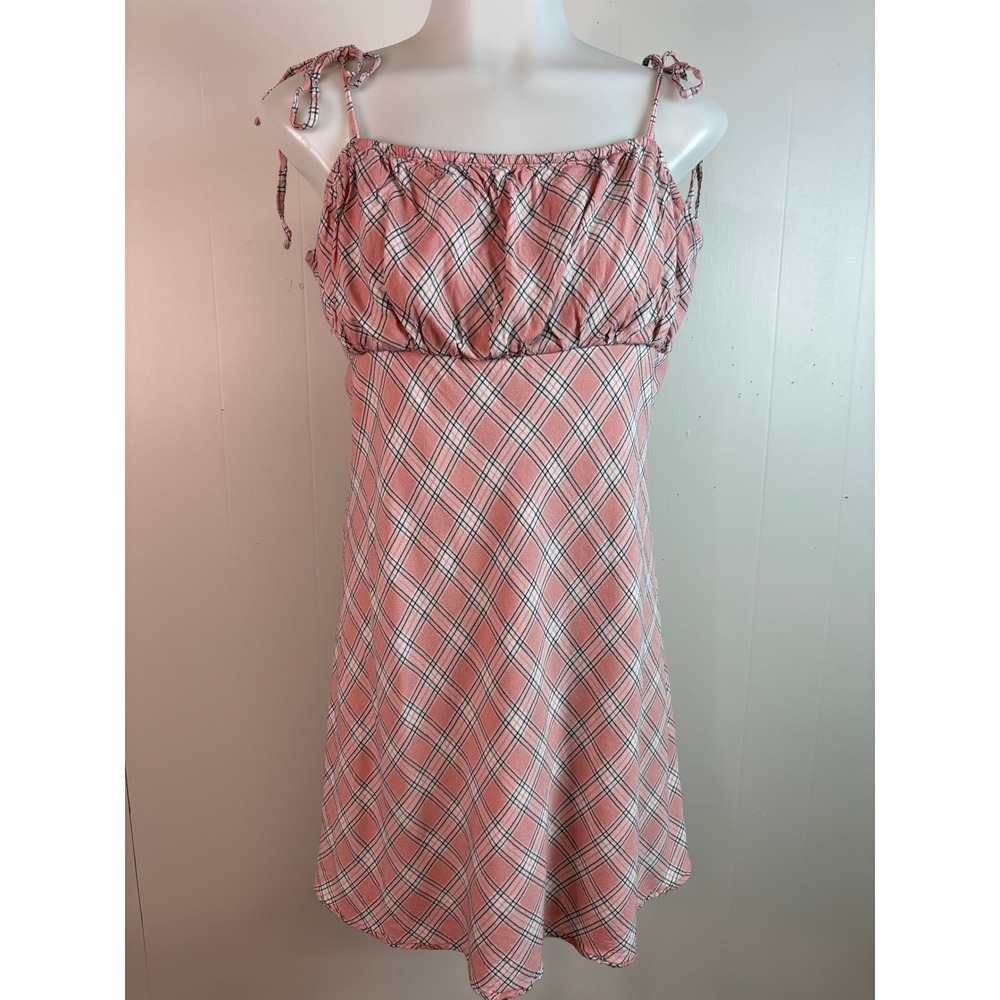 Hollister Mini Dress Large Pink Plaid‎ Tie Shoulder Smocked Back A-Line Women